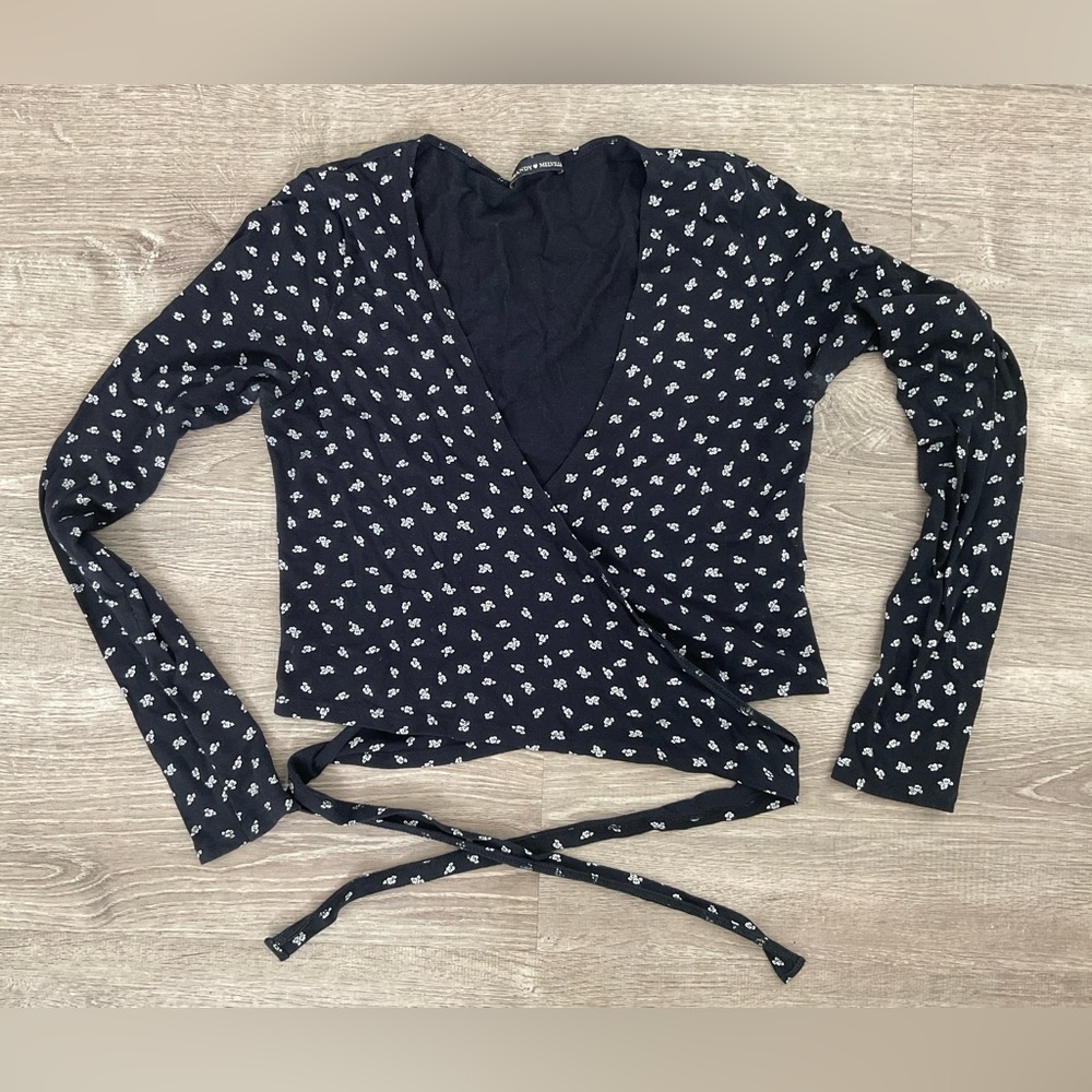 Brandy Melville navy, cropped, wrap top with repeating flower design